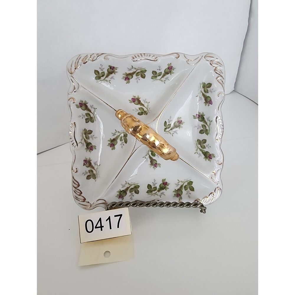 Norcrest Vintage Nut Candy Dish Rose Buds Gold Accents Handle 4 Sections